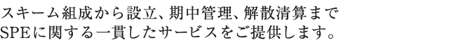 スキーム組成から設立、期中管理、解散清算までSPEに関する一貫したサービスをご提供します。