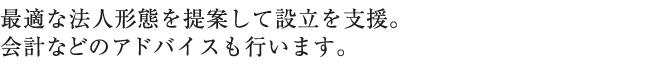 最適な法人形態を提案して設立を支援。会計などのアドバイスも行います。