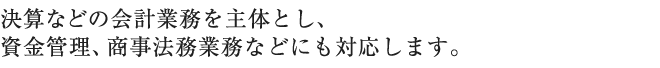 決算などの会計業務を主体とし、資金管理、商事法務業務などにも対応します。